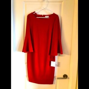 Red Calvin Klein knee length dress. 3/4 belle sleeves. Never worn. Size 12.